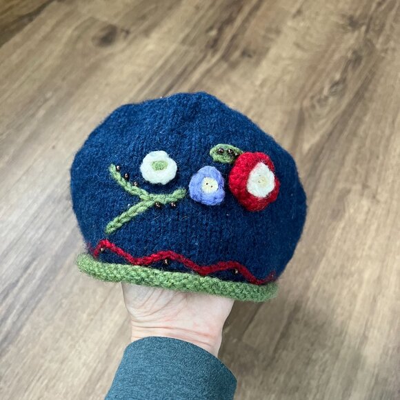 Newari Accessories - Newari Hat  Navy Wool Beanie Hat Floral Embellished Knit Fleece Lined Icelandic